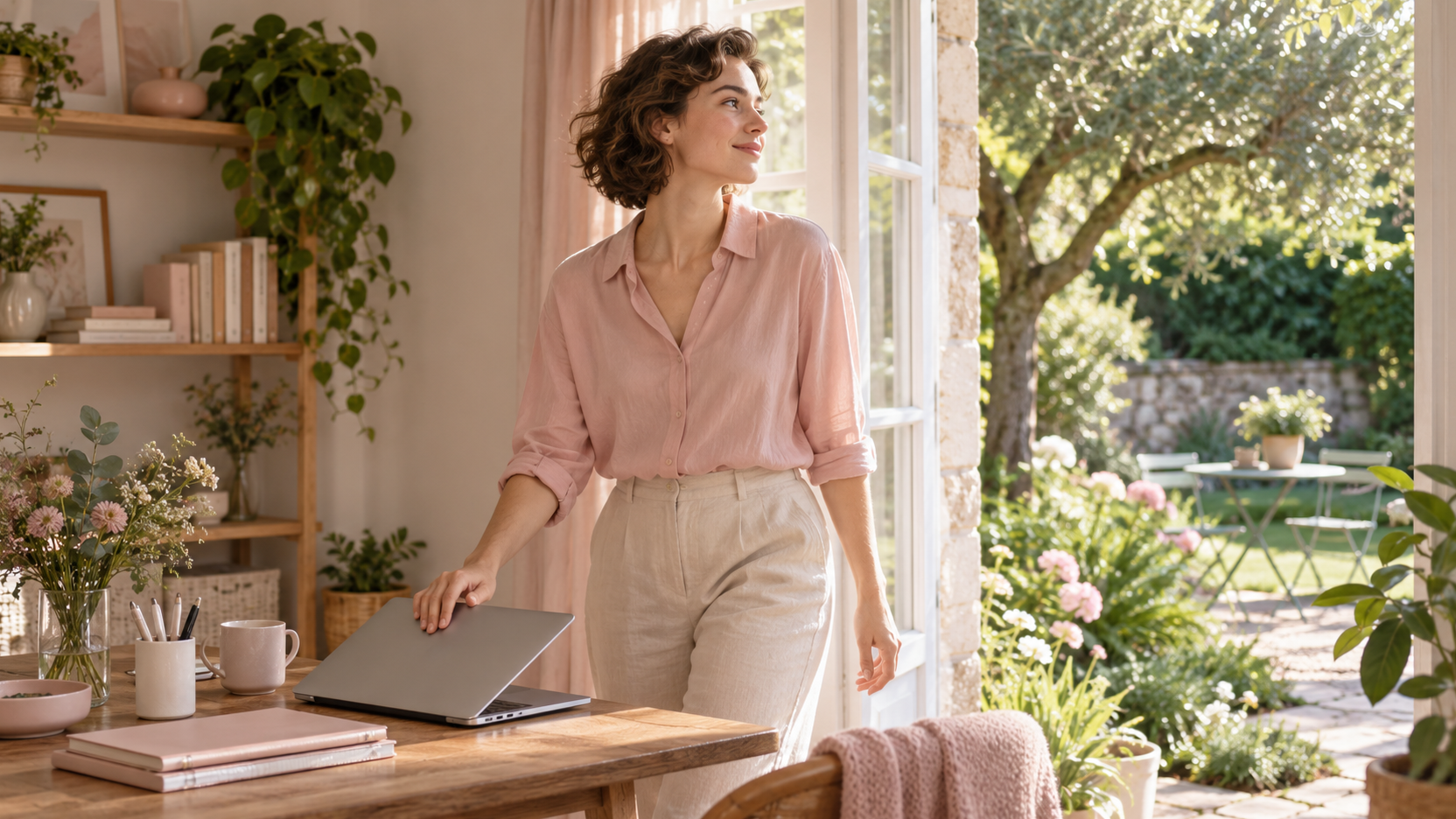 Femme en chemise rose et pantalon beige, une main posée sur un ordinateur portable entrouvert, près d’une porte vitrée ouverte donnant sur un jardin.