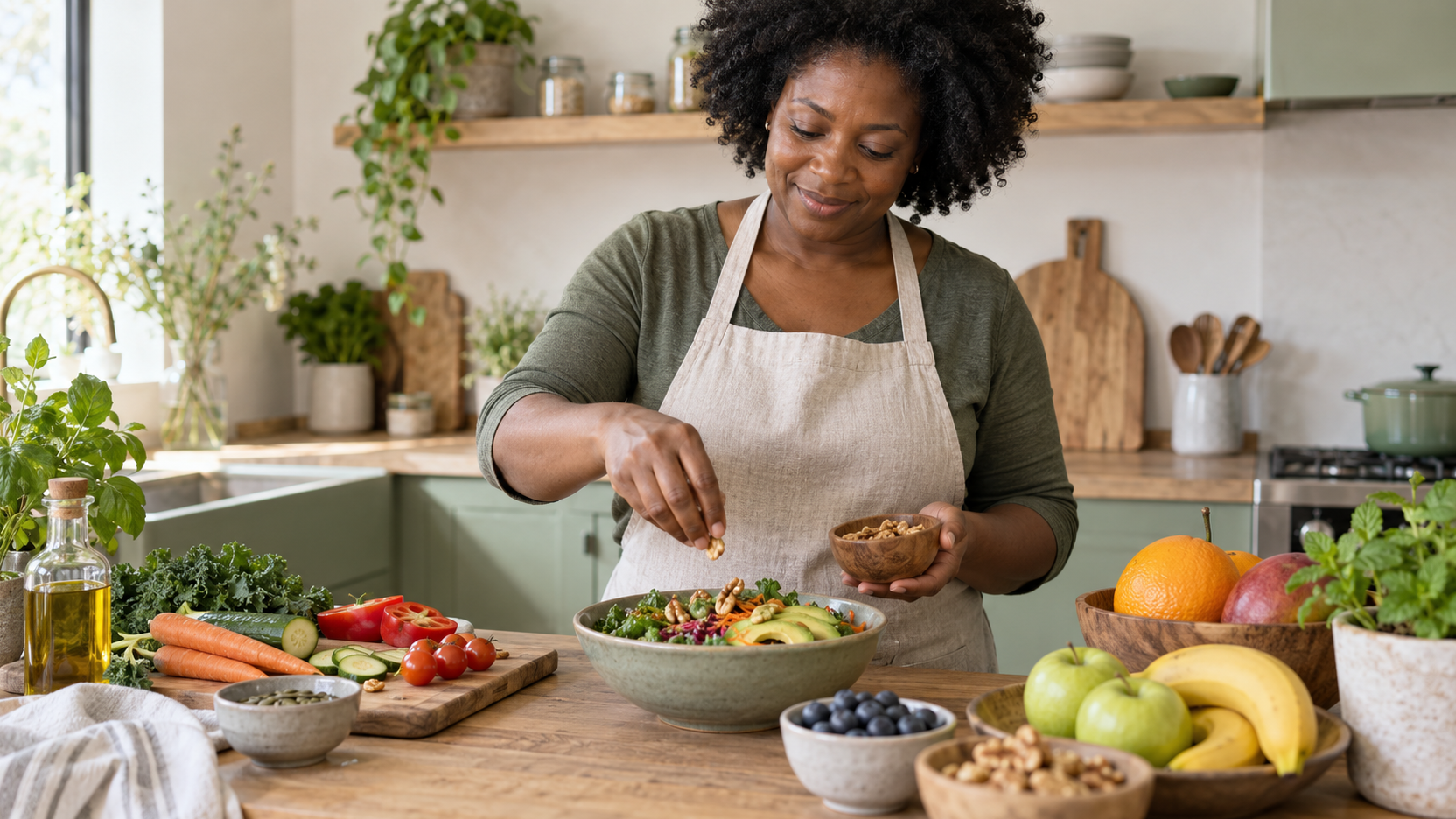 Una mujer con delantal añade nueces a un bol de ensalada sobre una encimera de cocina con verduras y frutas.