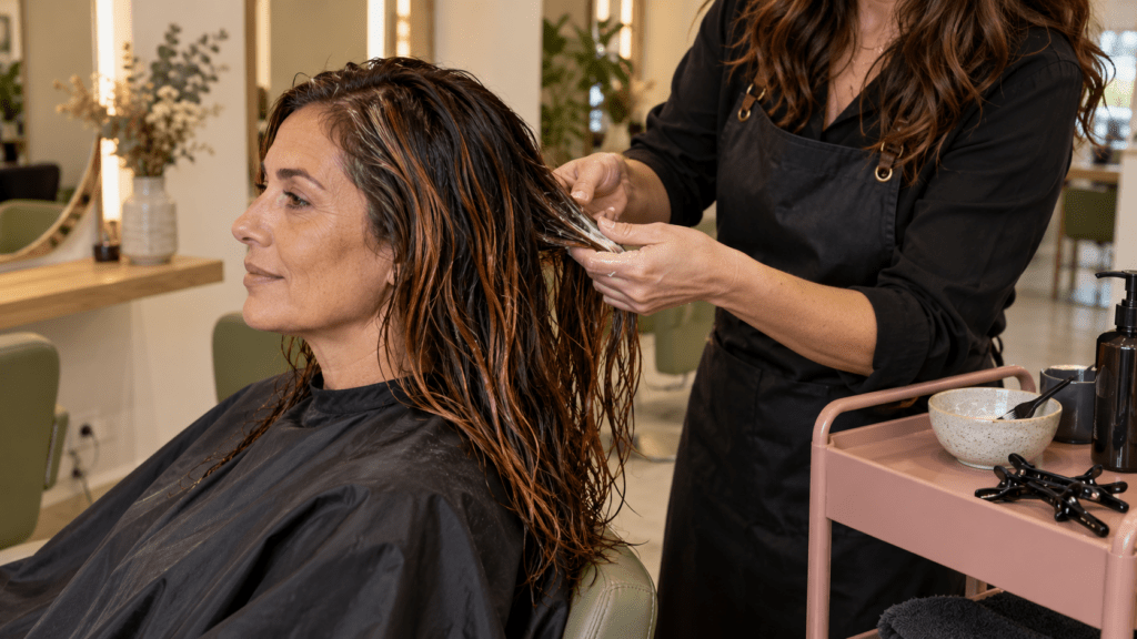 Una peluquera aplica un producto en el cabello mojado de una mujer sentada en una peluquería.