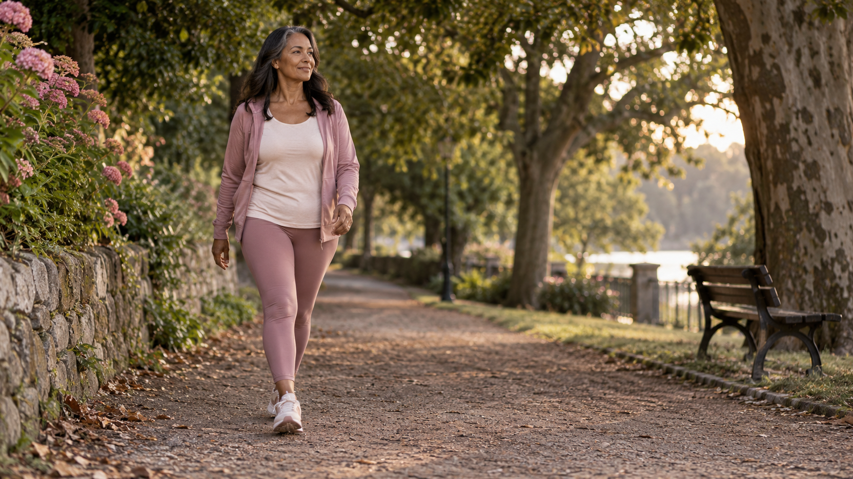 Woman walking along a path lined with trees and flowers, with a bench and a body of water in the background.
