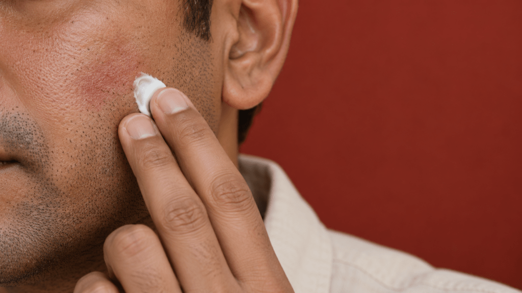 Gros plan sur une personne qui applique une crème blanche sur sa joue avec les doigts.