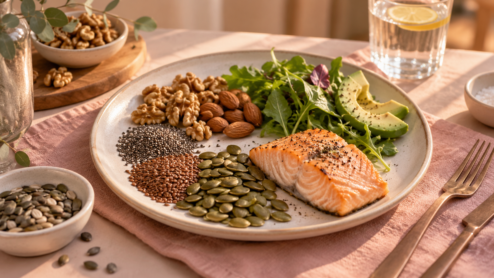 Plate with a salmon fillet, avocado slices, salad leaves, walnuts, almonds, and chia, flax and pumpkin seeds. Beside it is a glass of water with a lemon slice.