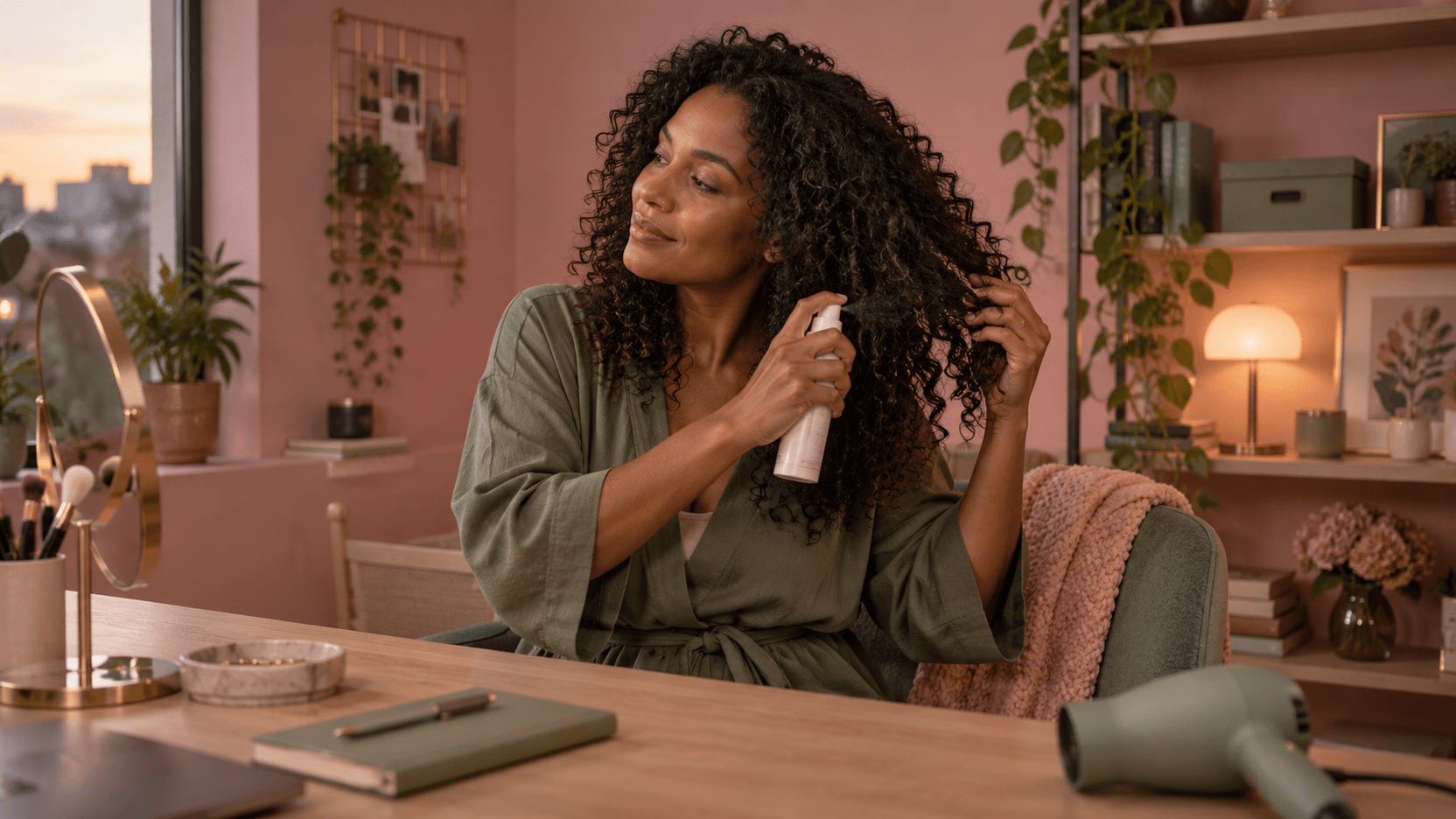 Femme assise à une table, tenant un vaporisateur près de ses cheveux bouclés et une mèche de l’autre main. Un sèche-cheveux est posé au premier plan.