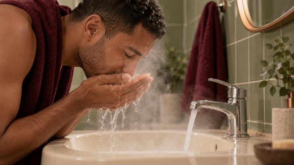 Un homme penché au-dessus d’un lavabo se rince le visage avec de l’eau dans ses mains.