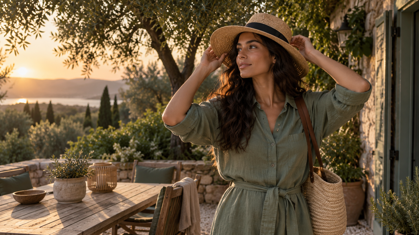 Donna con un abito-camicia verde su una terrazza al tramonto. Tiene con entrambe le mani la tesa di un cappello di paglia e porta una grande borsa intrecciata sulla spalla.