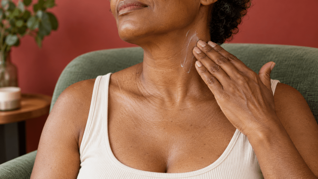 Una donna spalma della crema sul lato del collo con le dita.