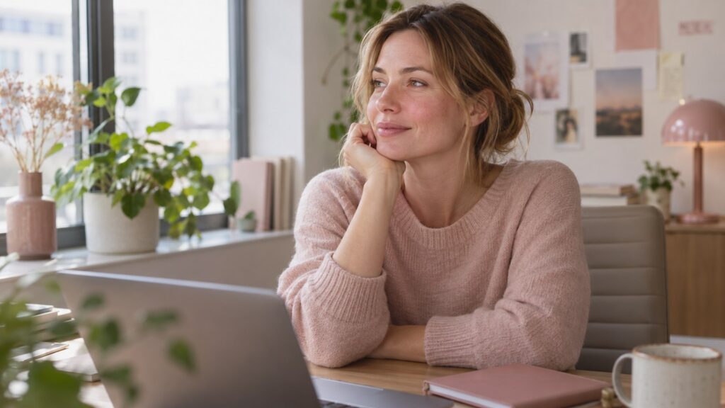 Woman with slightly red cheeks, seen from a three-quarter angle in a quiet office lit by a window.