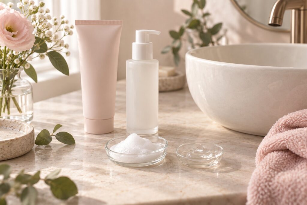 Due texture cosmetiche, una schiuma bianca e un gel trasparente, in ciotole accanto a un lavabo.