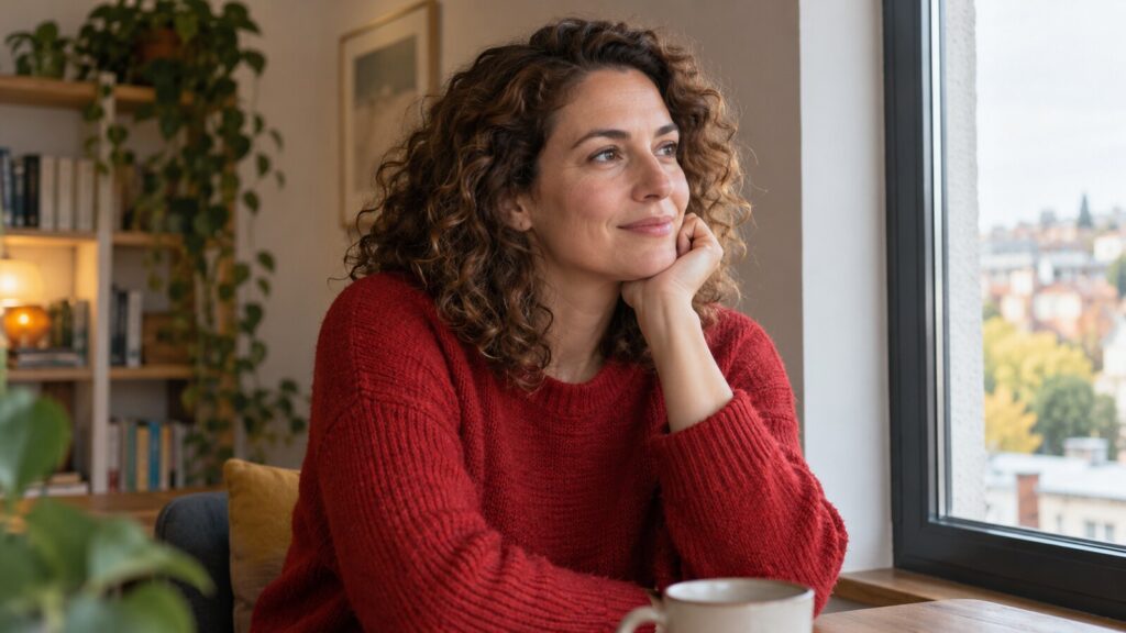 Pessoa com cabelo encaracolado castanho, camisola vermelha, sentada junto a uma janela com a mão sob o queixo