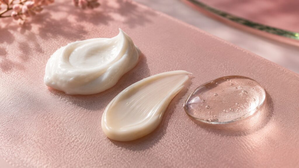 Trois textures de crème, d’émulsion et de gel sur un verre dépoli rose, photographiées en macro.