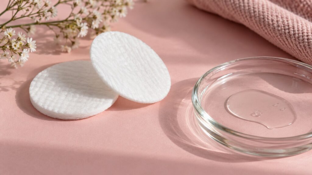 Disques cosmétiques blancs anonymes près d’une trace de lotion translucide sur un fond rose poudré.
