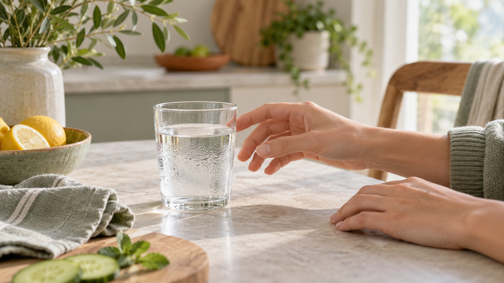 Une main s’approche d’un verre d’eau sur un plan de travail, avec des citrons à gauche.