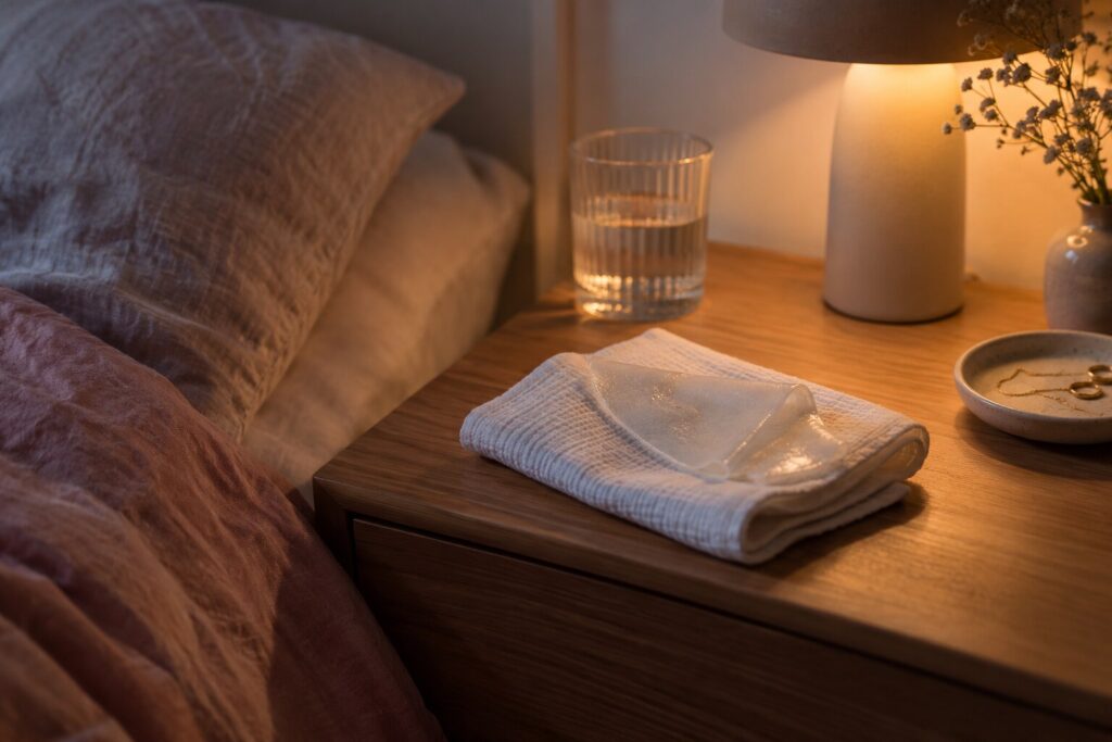 Comodino di notte, foglio di maschera in idrogel piegato accanto a un bicchiere d’acqua, luce soffusa, senza marchio