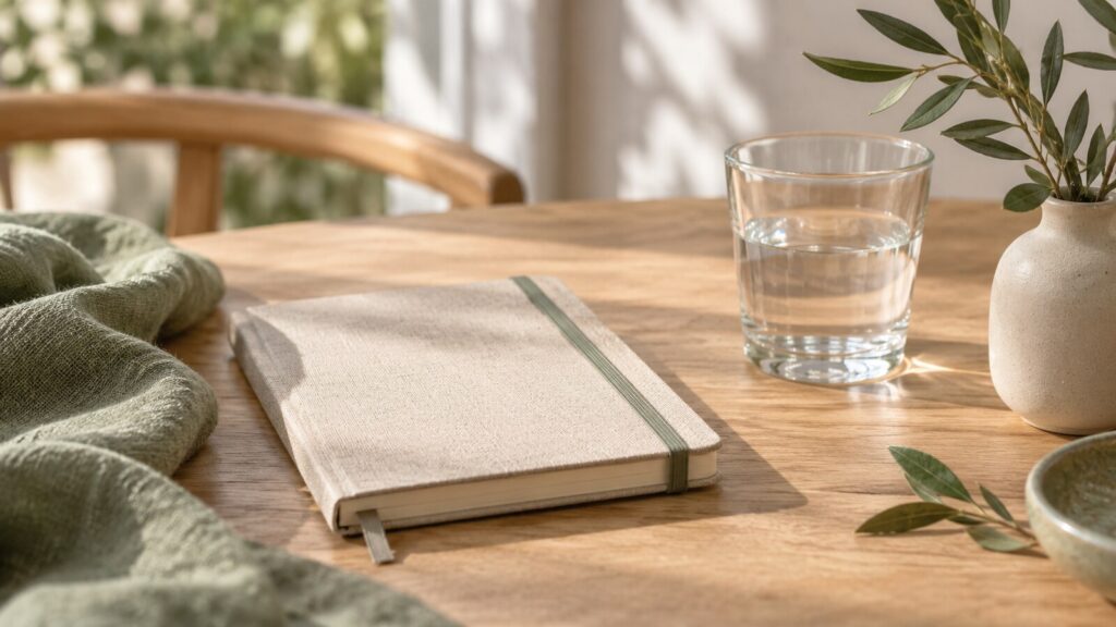 Carnet fermé, verre d’eau et brin de plante sur une table en bois, lumière du jour, sans produit cosmétique