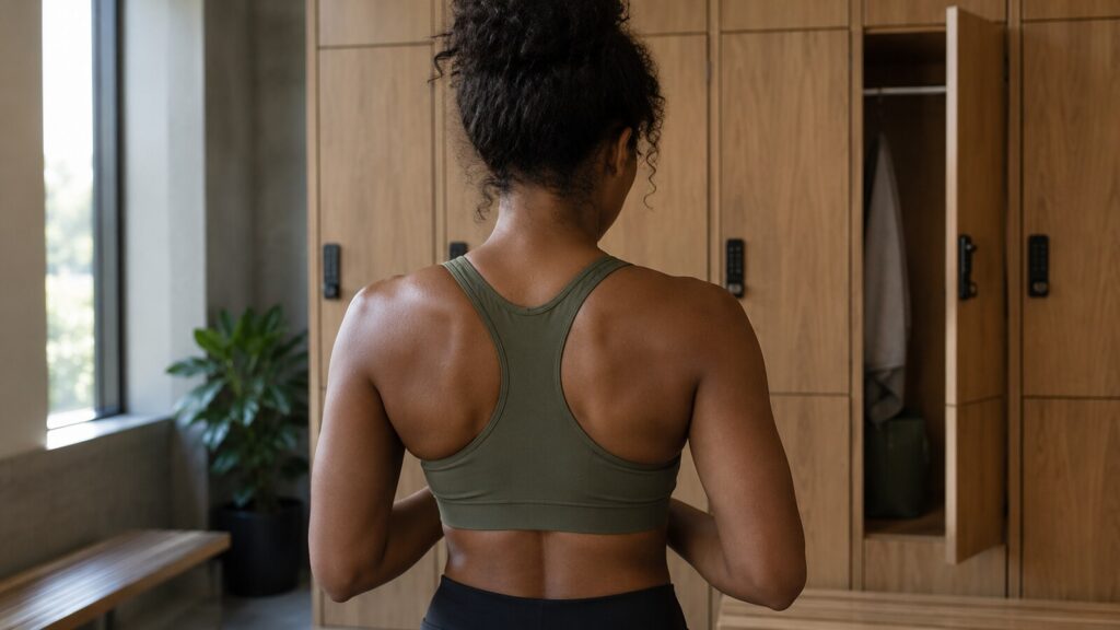 Person with dark skin wearing an olive sports bra in a changing room with wooden lockers