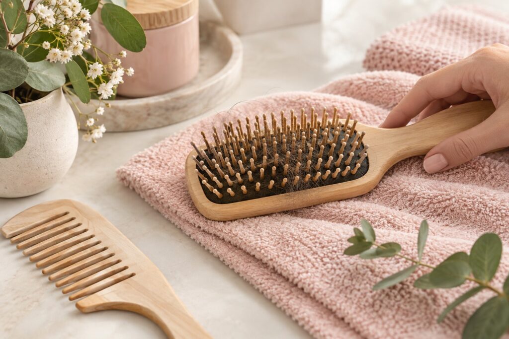 Spazzola in legno con alcuni capelli tra i dentini, appoggiata su un asciugamano rosa.