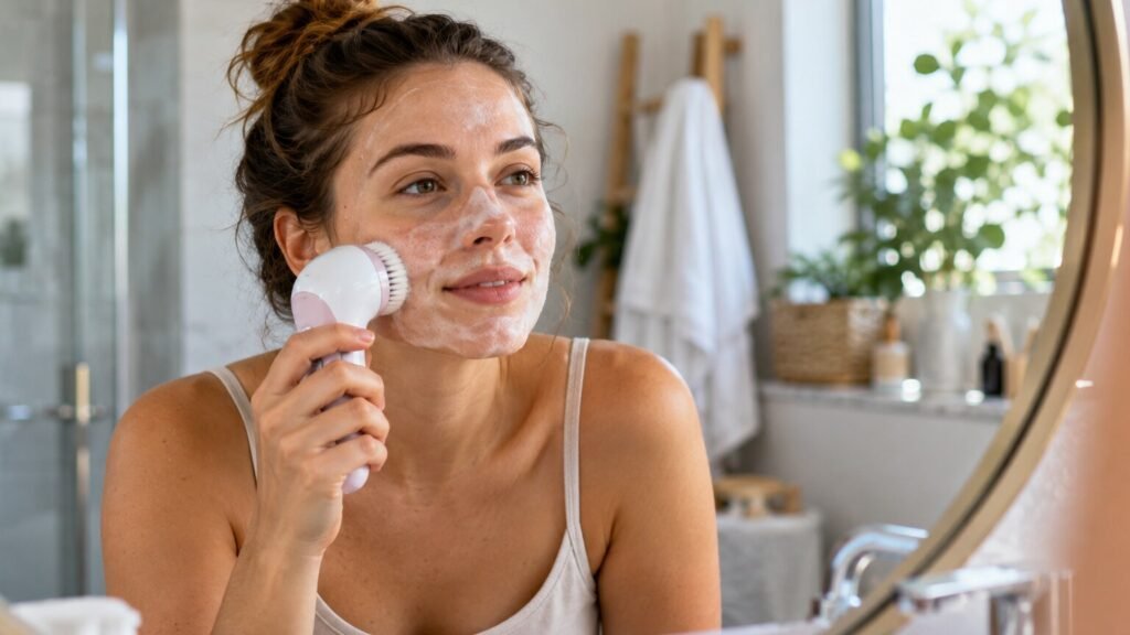 Gestes de nettoyage du visage dans une photographie éditoriale de soin, sans texte ni logo