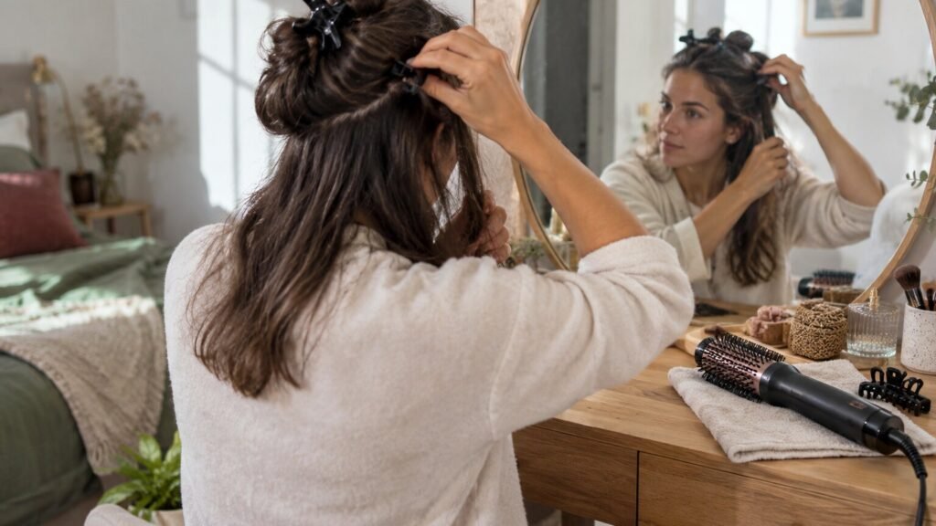 Femme devant un miroir séparant ses cheveux avec des pinces, une brosse soufflante posée à proximité, sans texte ni logo.