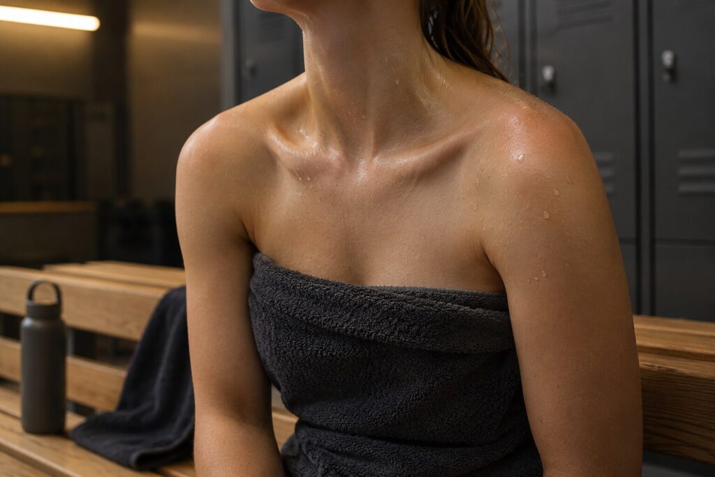 A gym towel on a bench under changing-room lighting, with the face out of frame and no bottle or logo visible.