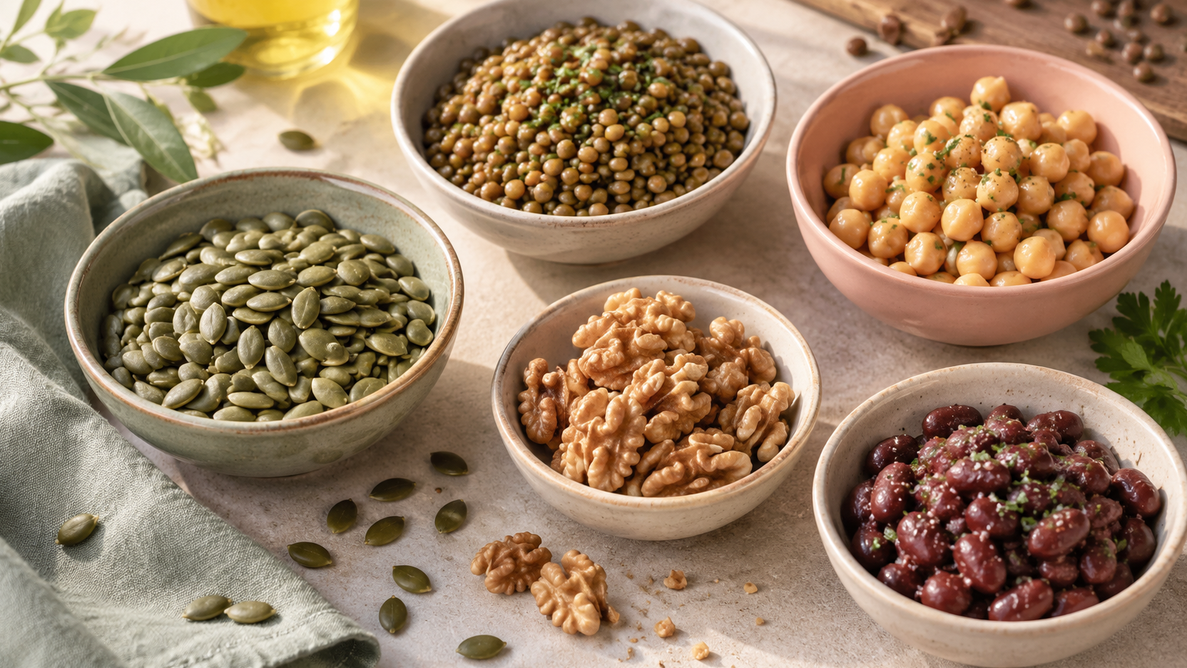 Cinq bols de graines de courge, de lentilles, de pois chiches, de cerneaux de noix et de haricots rouges sur une surface claire.