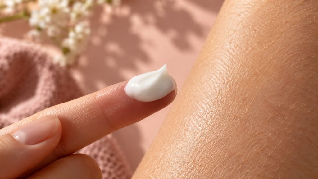 Macro d’une crème sur un doigt à côté de peau naturelle, pour illustrer la lecture des céramides et de la barrière cutanée