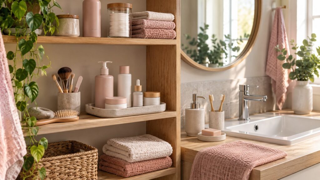 Étagère en bois dans une salle de bain, avec soins fermés et accessoires secs rangés séparément près du lavabo.
