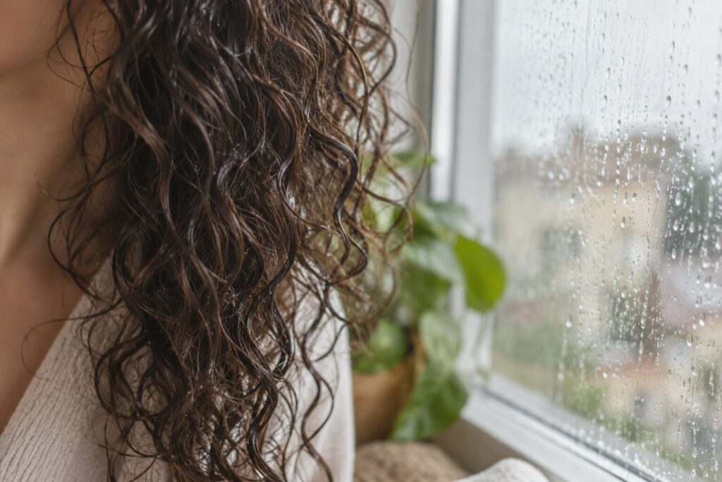 Close-up of damp brown curls beside a window dotted with water droplets, with no full face or product visible.
