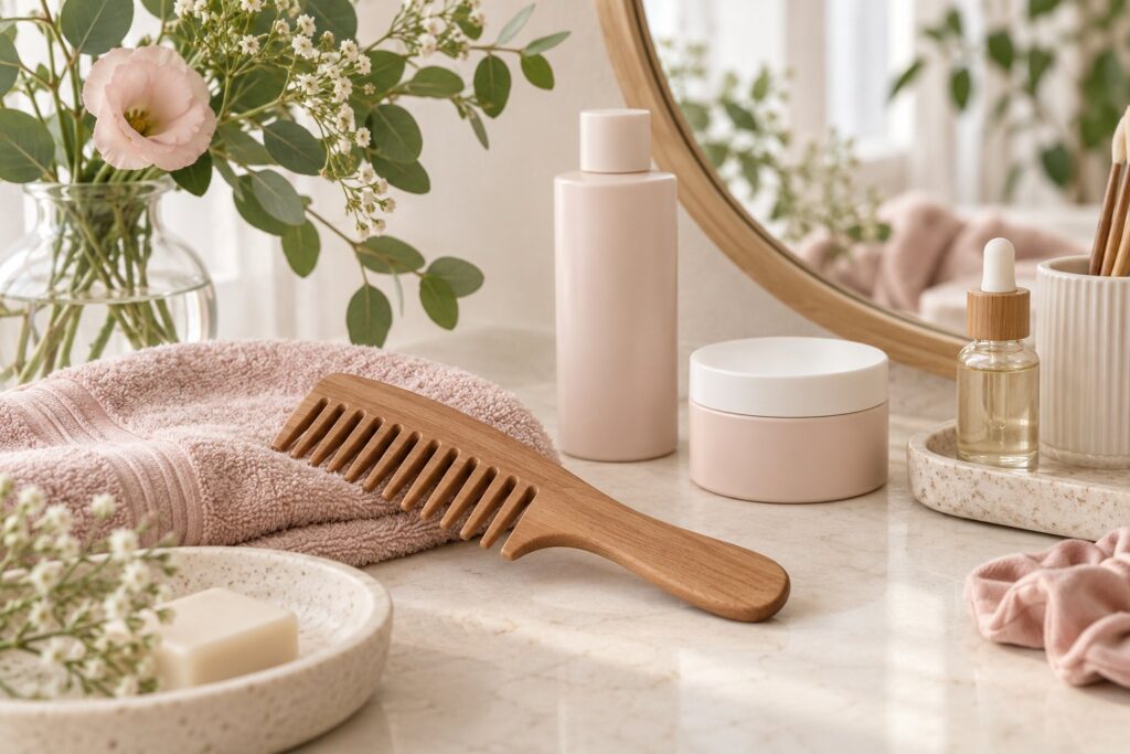 Pettine a denti larghi su un asciugamano rosa, accanto a contenitori senza etichetta su una toeletta.