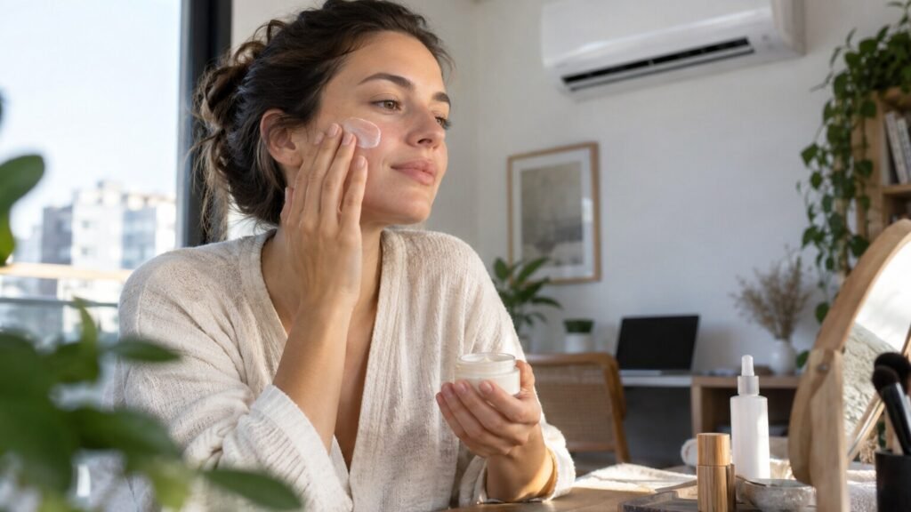 Personne appliquant un soin sur son visage dans un intérieur de bureau, photographie éditoriale sans texte ni logo.