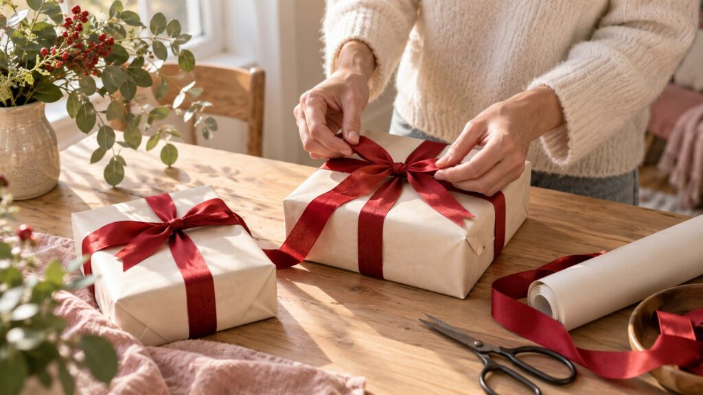 Cadeaux emballés dans du papier crème sur une table, avec une main ajustant un ruban rouge.