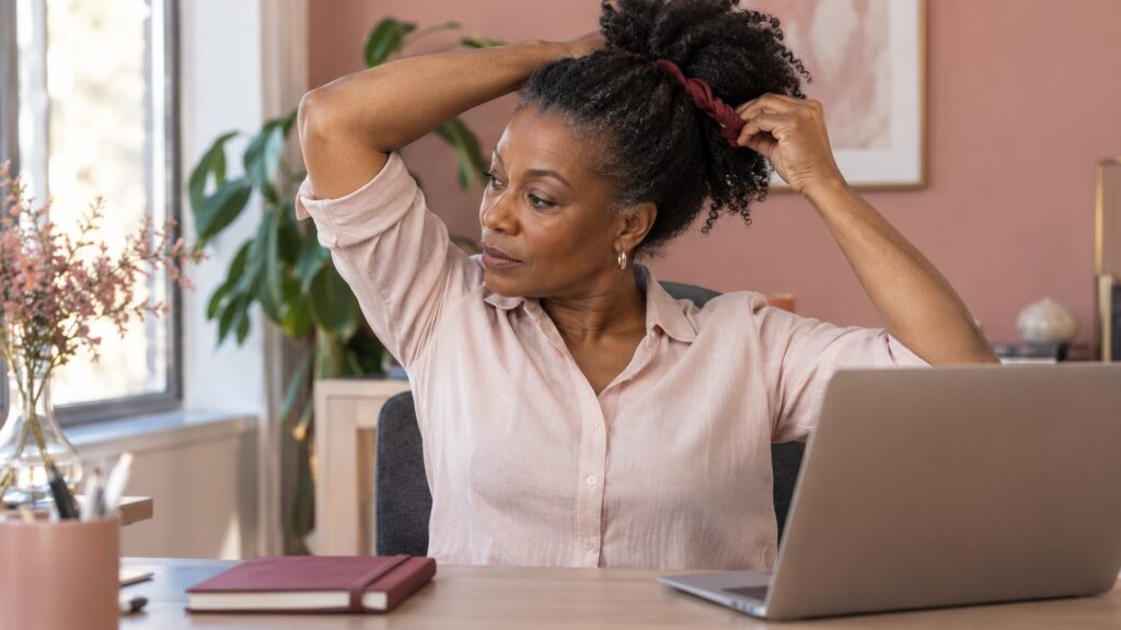 Une femme noire desserre doucement son attache en tissu au bureau en soutenant ses cheveux d’une main.