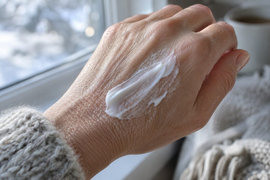 Dorso de uma mão seca com creme rico espalhado, sob luz fria e sem frascos visíveis.