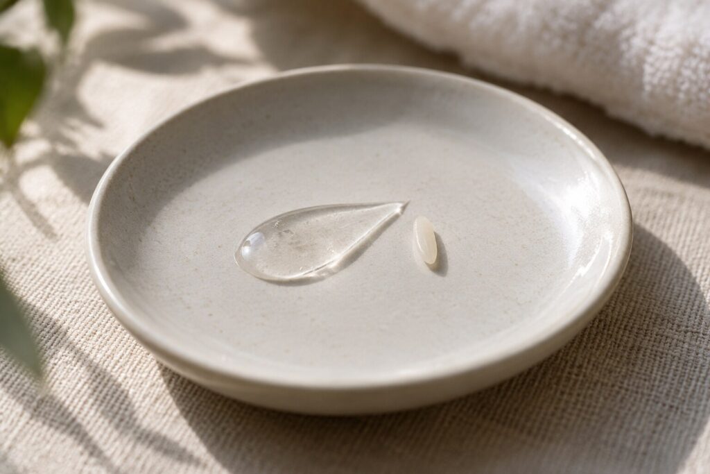 Fine trace de gel transparent sur une soucoupe claire, à côté d’un grain de riz, lumière de fenêtre.