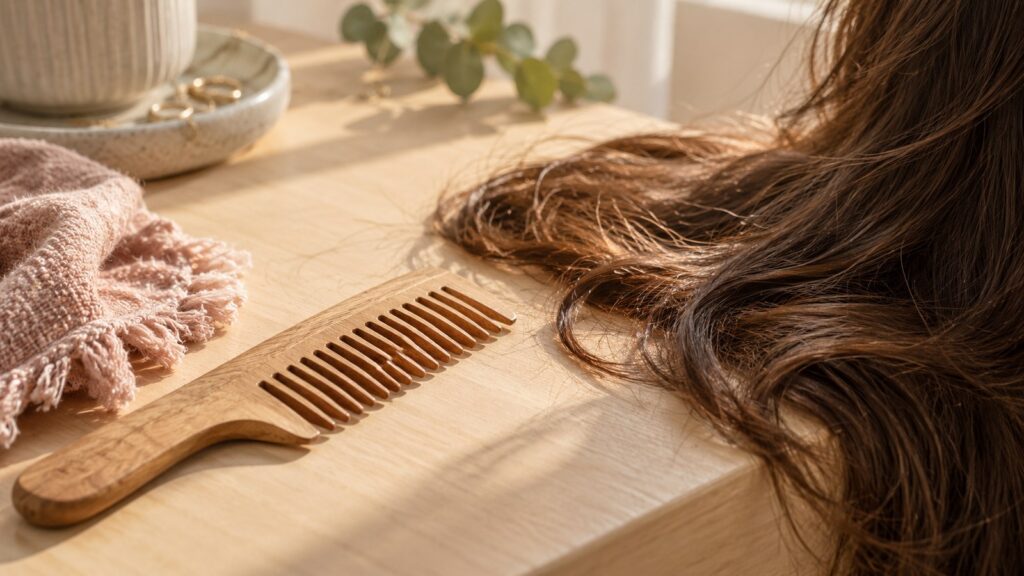 Close-up of chestnut hair strands and a wooden comb on a light table in the morning light.