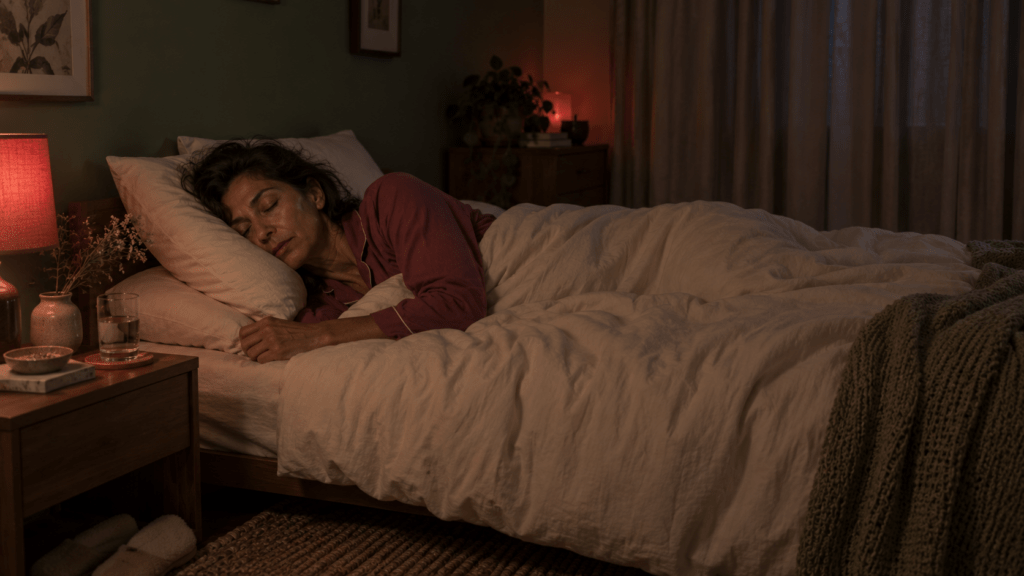 Uma pessoa dorme de lado em um quarto com luz suave.