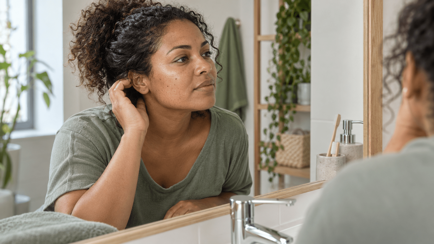 Pessoa com cabelo encaracolado preso e camiseta verde, olhando para o próprio reflexo no espelho com uma mão junto à orelha.