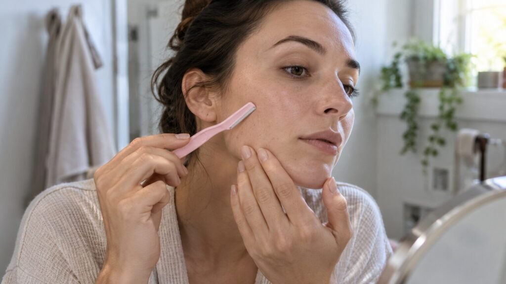 Femme réalisant un geste de soin du visage avec un outil de rasage, dans une salle de bains, sans texte ni logo.