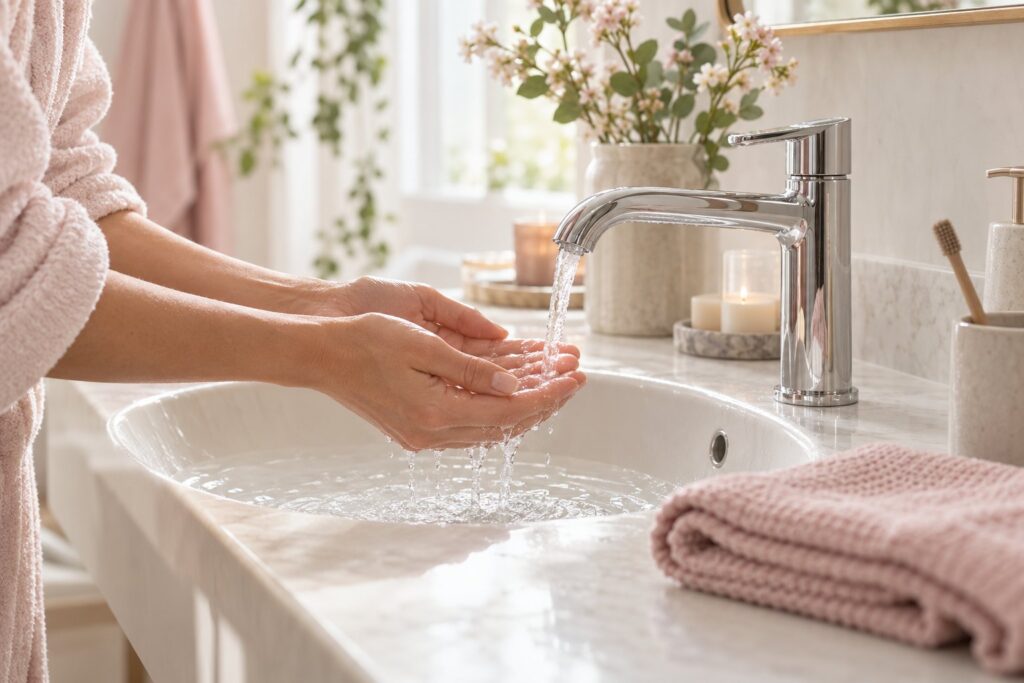 Des mains recueillent de l’eau sous un robinet au-dessus d’une vasque ivoire, avec une serviette rose.