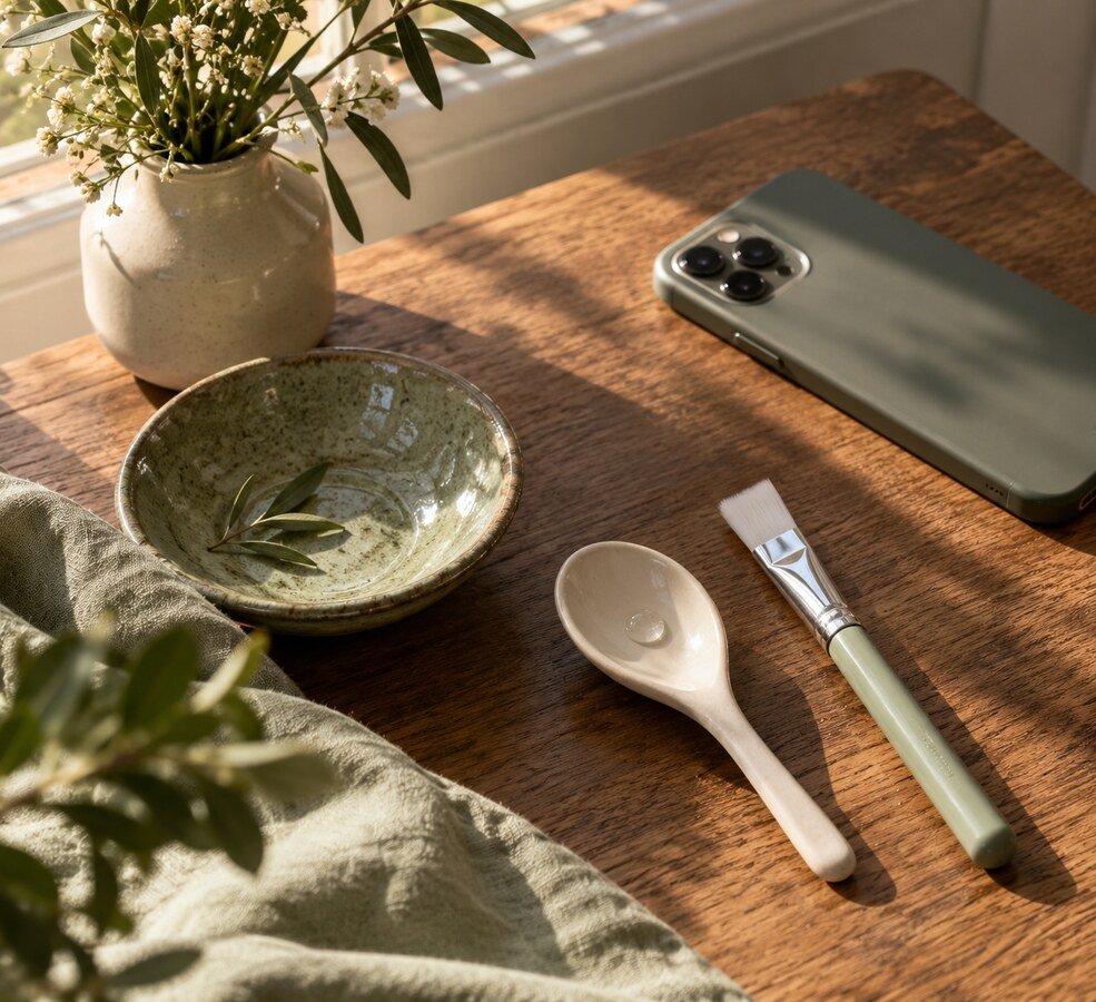 Téléphone posé face contre table à côté d’un petit pinceau et d’une noisette de gel transparent, lumière de fenêtre.