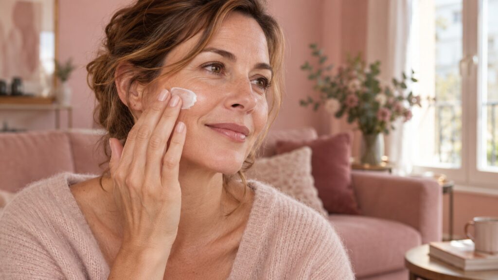 Une femme de 40 ans applique une petite quantité de crème sur sa joue dans un salon rose poudré.