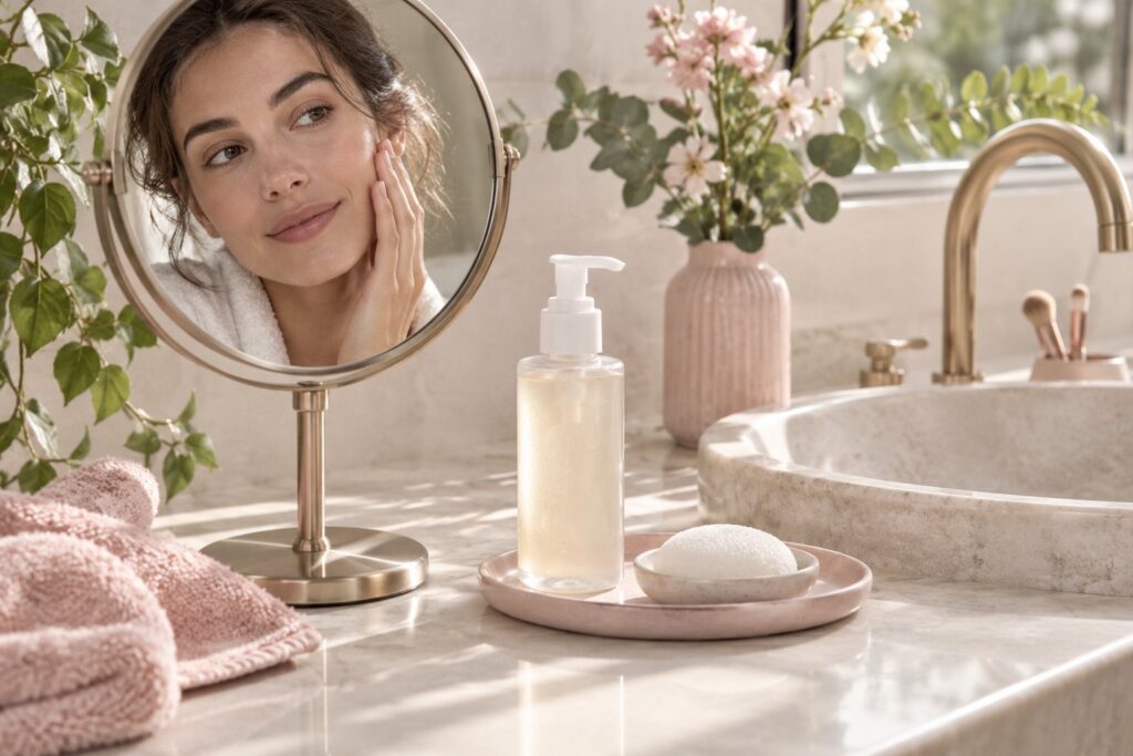 Un miroir, un flacon nettoyant et une serviette dans une salle de bains lumineuse.