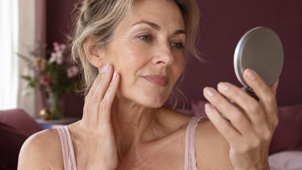 Femme d’environ 50 ans observant son teint dans un miroir de poche à la lumière naturelle, sur fond prune.