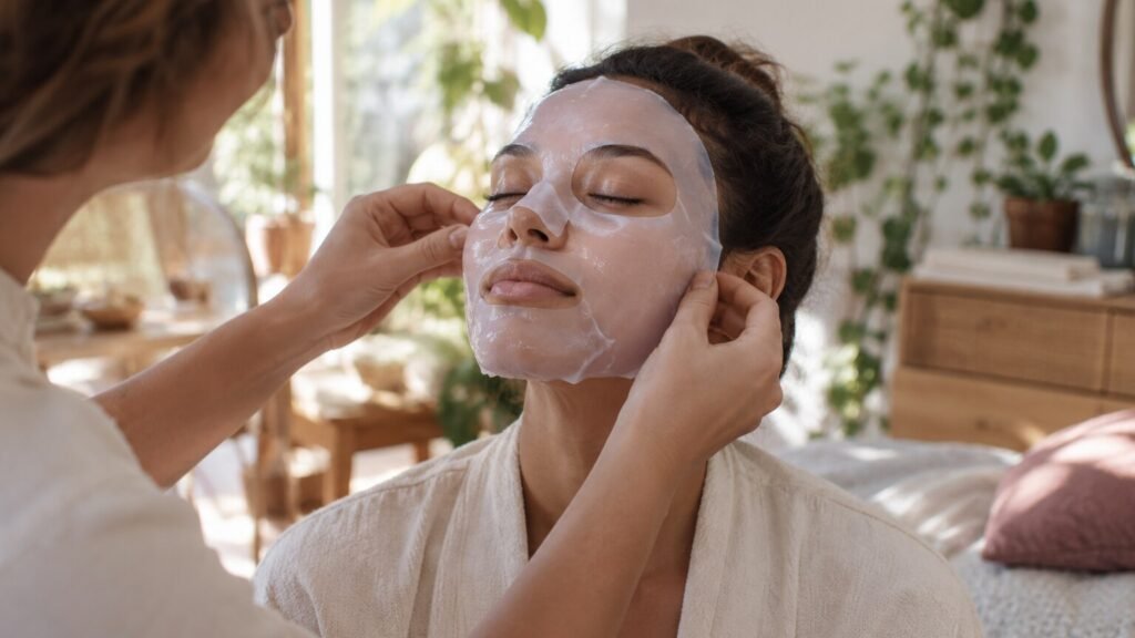 Mains posant un masque hydrogel sur le visage d’une personne, dans une photographie éditoriale sans texte ni logo.