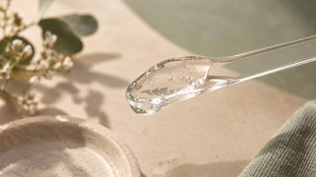Texture gel transparente sur une spatule en verre, sur fond beige et sauge