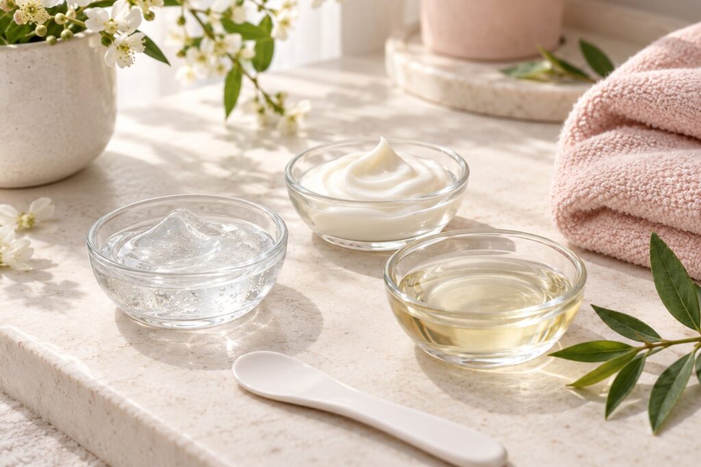 Tres cuencos muestran un gel transparente, una crema marfil y un aceite claro junto a una espátula.