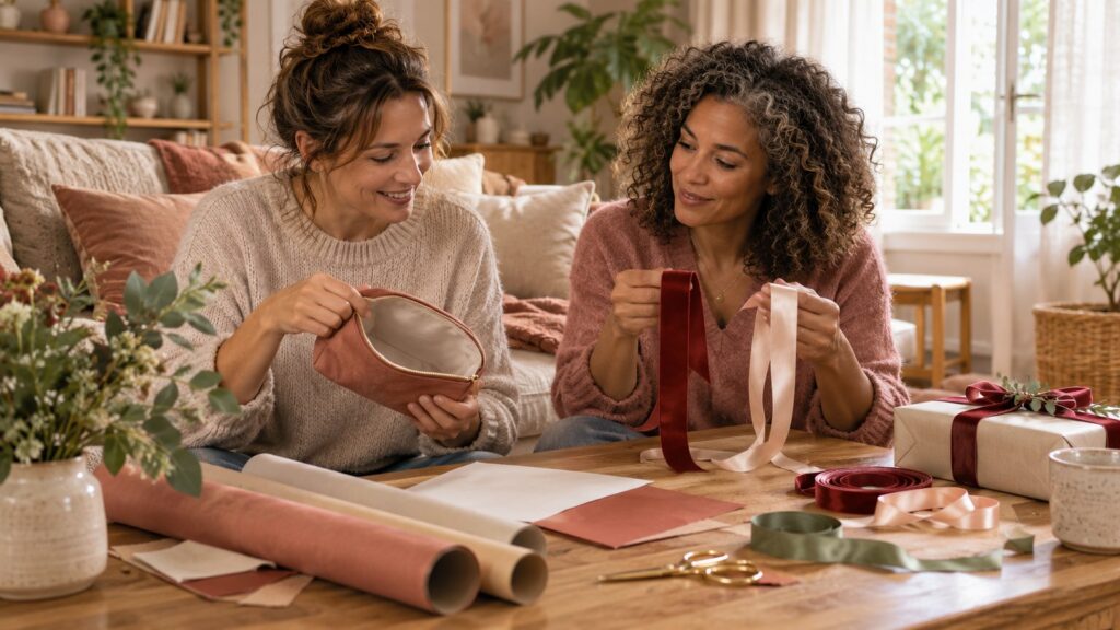 Deux femmes choisissent une trousse à offrir dans un salon, avec du papier cadeau et des rubans sur la table.
