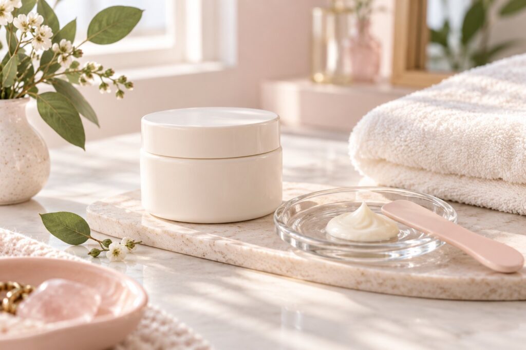 Un pot de crème sans étiquette, une coupelle de crème et une spatule rose sur une surface ivoire.