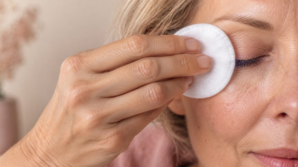 Main tenant délicatement un disque de démaquillage contre les cils d’un œil fermé, sur fond crème.