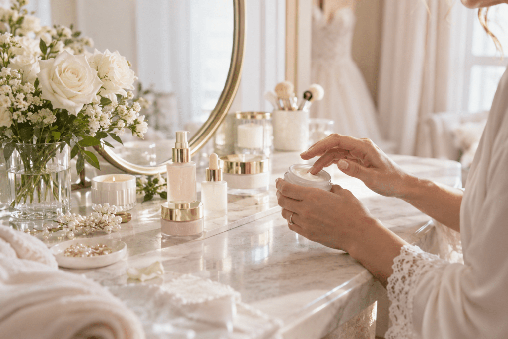 Des mains disposent un pot de soin sur une coiffeuse claire avec des fleurs blanches et des pinceaux.