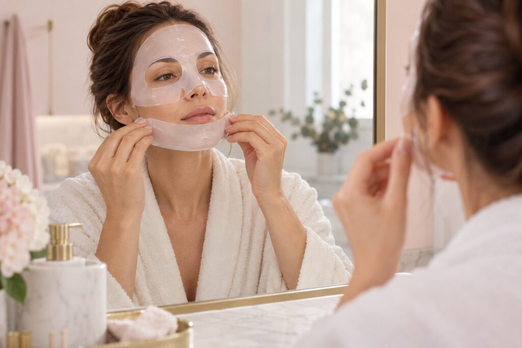 Une femme ajuste la partie basse d’un masque visage devant un miroir, dans une salle de bains aux tons rose et ivoire.